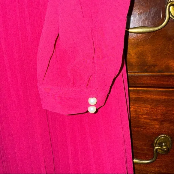 NWT Self-Portrait Hot Pink Tie-Neck Pleated Chiffon Midi Dress w/ Pearls Sz 8